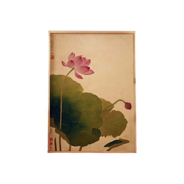 Velkoformátový plakát na zeď leknín japonský motiv 50 × 70 cm tisk na plátno béžový podklad s růžovým květem dekorace bez rámu 1