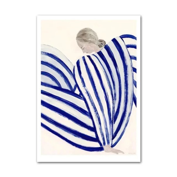 Velkoformátový plakát na zeď osoba v pruhovaném oděvu 50 × 75 cm tisk na plátně modro bílý minimalistický motiv dekorace 1
