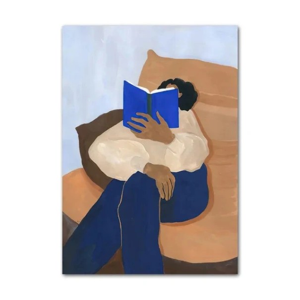 Velkoformátový plakát na zeď postava čtoucí knihu 50 × 70 cm tisk na plátno modro béžové minimalistické zobrazení dekorace 1