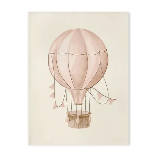 Velkoformátový plakát na zeď s horkovzdušným balónem 50 x 70 cm tisk na plátno růžové jemné tóny bez rámu dekorace do dětského pokoje 1