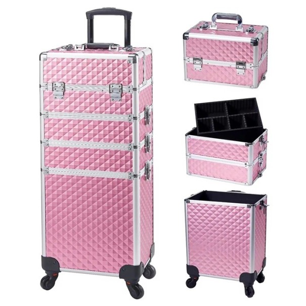 Velkokapacitní make-up kufřík 4 v 1 na kolečkách 34 x 25 x 76 cm Uzamykatelný kosmetický kufr PVC Profesionální organizér na kosmetiku růžová