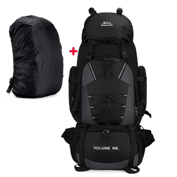 Velkokapacitní turistický batoh 90 l s pláštěnkou Přední šňůrování 87 x 35 x 22 cm Boční kapsy a bederní pás Na trekking a expedice černá