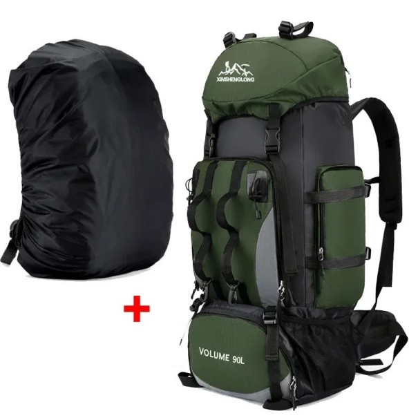 Velkokapacitní turistický batoh 90 l s pláštěnkou Upínací popruhy 85 x 35 x 20 cm Boční kapsa a bederní pás Na trekking a expedice zelená