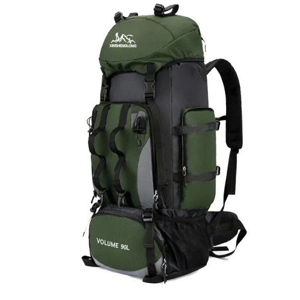 Velkokapacitní turistický batoh 90 l s upínacími popruhy 85 x 35 x 20 cm Boční kapsa a bederní pás Na trekking expedice a kempink zelená