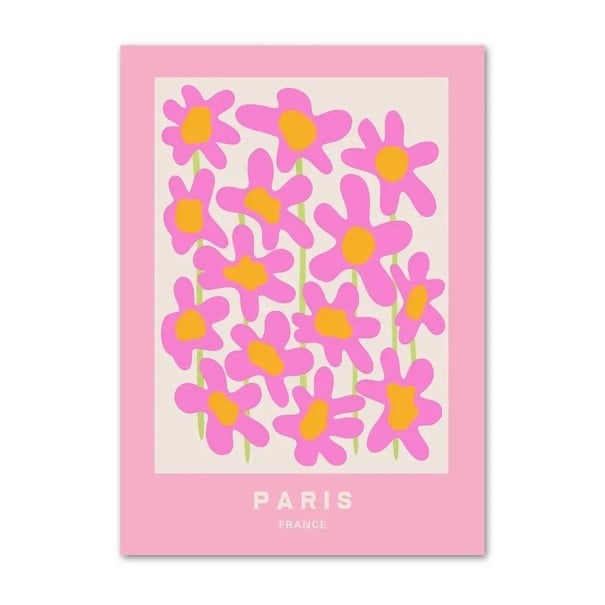Velký plakát na zeď s růžovými květinami a nápisem Paris 50 x 70 cm tisk na plátno růžový květinový motiv bez rámu dekorace interiéru 1