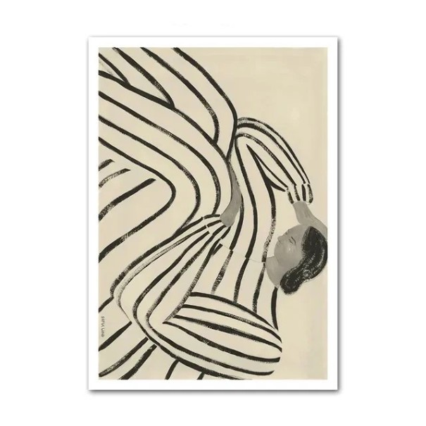 Velký plakát na zeď žena v pruhovaném oděvu 40 × 60 cm tisk na plátno černo béžové minimalistické ztvárnění dekorace interiéru 1
