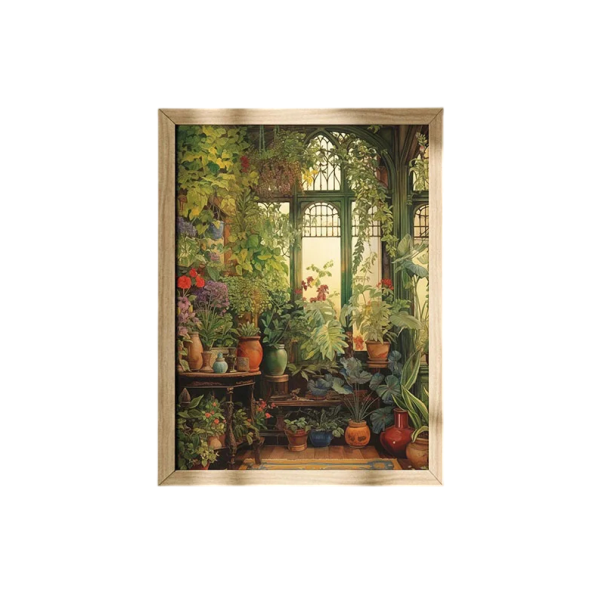 Velký plakát zimní zahrada interiér s rostlinami 50 × 70 cm tisk na plátno zeleno hnědý přírodní motiv obraz na zeď do interiéru bez rámu 1