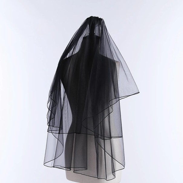 Velo de boda negro de 87 cm de dos capas de tul con peina de longitud de codo, borde simple, velo elegante para novia 1