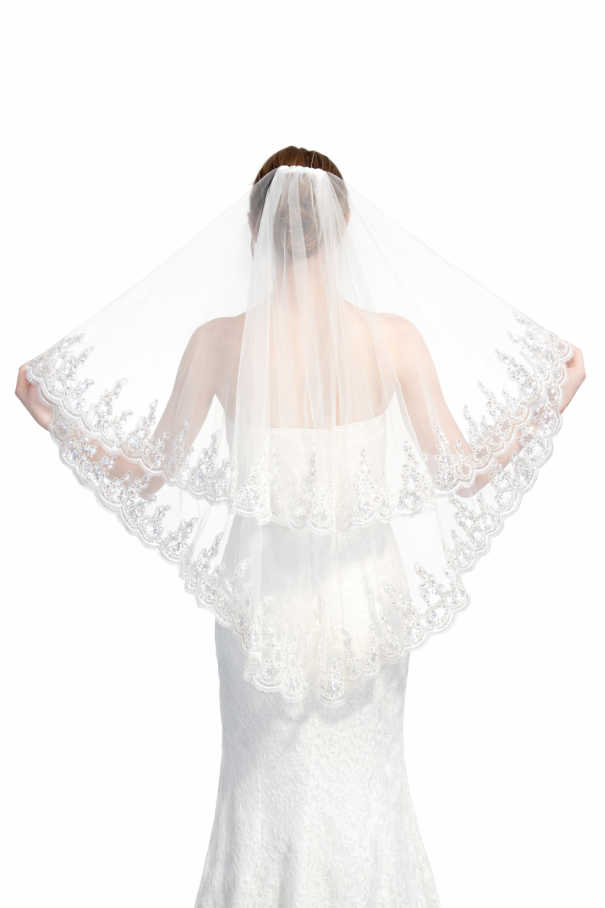 Velum nuziale 60 cm Doppio strato di tulle con bordo di paillettes e pettine Lunghezza fingertip Velum elegante Bianco Avorio bianco 1