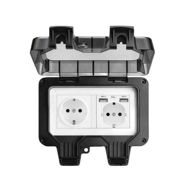Venkovní dvojitá zásuvka s 2x USB, voděodolná, EU, 16 A, 220 V, 17 x 11 cm, na omítku, s uzamykatelným víkem, černá, na zahradu a terasu 1