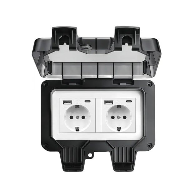 Venkovní dvojitá zásuvka s USB a USB-C, voděodolná IP66, 16 A / 220 V, plastová s víčkem na omítku, černá, na zahradu, terasu i do garáže 1