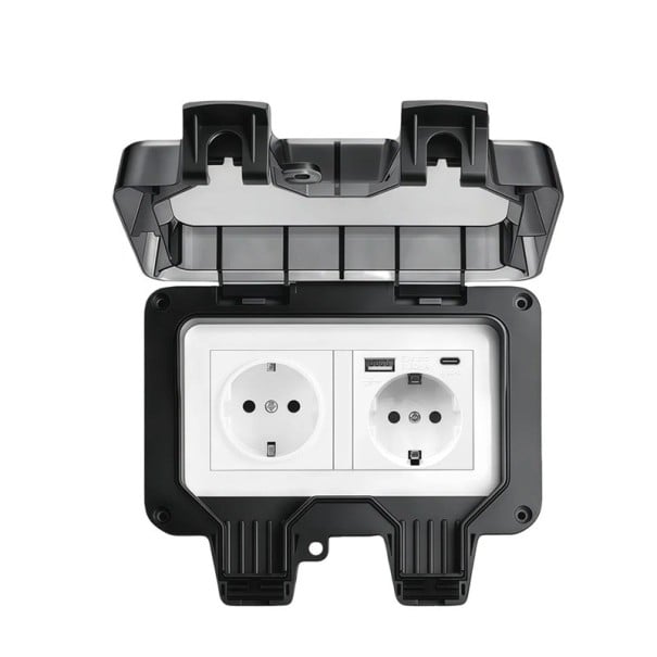Venkovní dvojitá zásuvka s USB a USB-C, voděodolná IP66, 16A 220V, plastová na omítku s víčkem, černá, na zahradu, terasu i do garáže 1