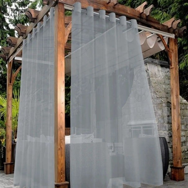 Venkovní průsvitná záclona nepromokavá s oky nahoře rozměr 132 x 213 cm ze 100% polyesteru se stíněním 41 až 85 % na pergolu a terasu šedá
