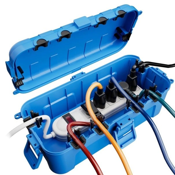 Venkovní vodotěsná elektroinstalační krabice IP54, 32 x 16 x 10 cm, polypropylén, otvory pro kabely do 12 mm, pro nástěnnou montáž modrá