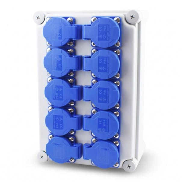 Venkovní vodotěsná zásuvková skříň 10 zásuvek EU 220V 16A IP67, ABS 280×190×130 mm, šedá s modrými víčky, nástěnná montáž na zahradu i dílnu 1