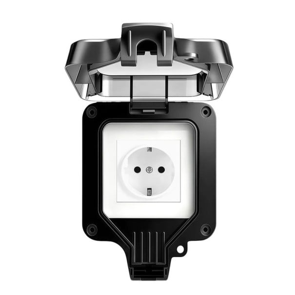 Venkovní zásuvka voděodolná EU 16A 220V s odklopným krytem a těsněním, uzamykatelná plastová krabice 11 × 11 cm, černá, pro zahradu a garáž 1