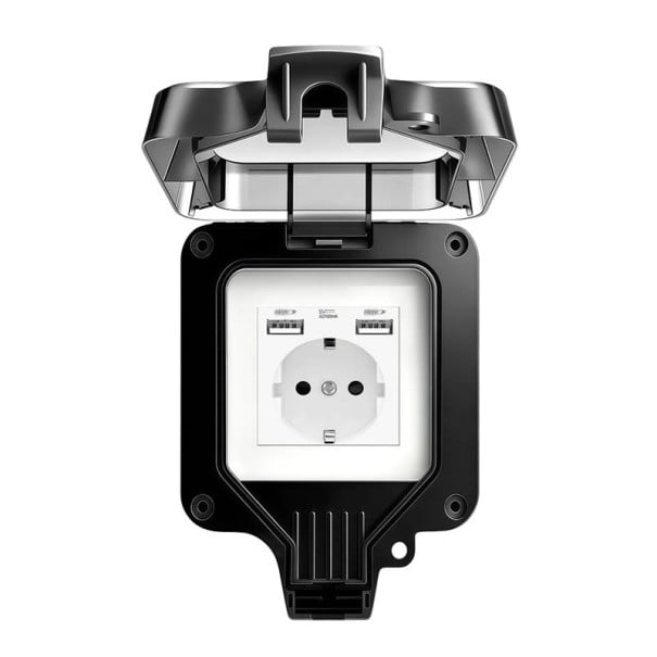 Venkovní zásuvka voděodolná IP66 s 2x USB, 16A/220V, rozměr 11 x 11 cm, plastové pouzdro, černá, na zeď do zahrady, na terasu i do garáže 1