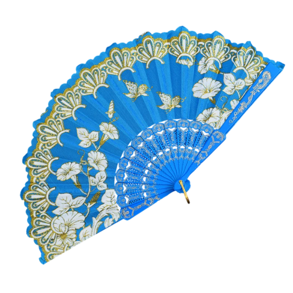 Ventaglio cinese tradizionale 42,5 x 23 cm Ventaglio decorativo in plastica e tessuto Elegante accessorio Stile orientale Decorazione per la casa Pezzo da collezione blu