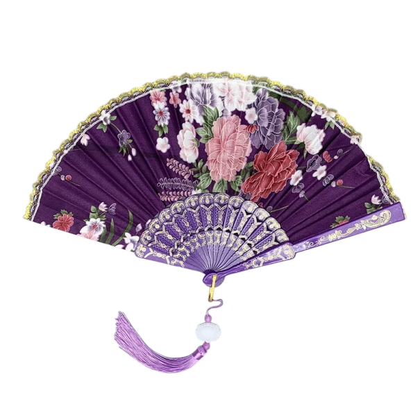 Ventaglio cinese tradizionale 42,5 x 23 cm Ventaglio pieghevole elegante in plastica e tessuto Stile asiatico Decorazione Spettacolo di danza Costume viola