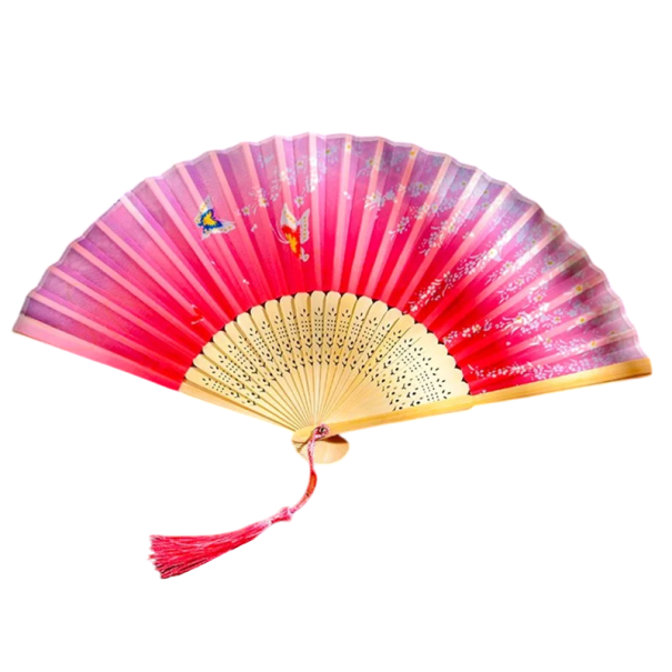 Ventaglio pieghevole cinese in bambù rosa con farfalle 21 x 38 cm Decorazione elegante Accessorio per foto Costumi da scena Danza Stile orientale 1