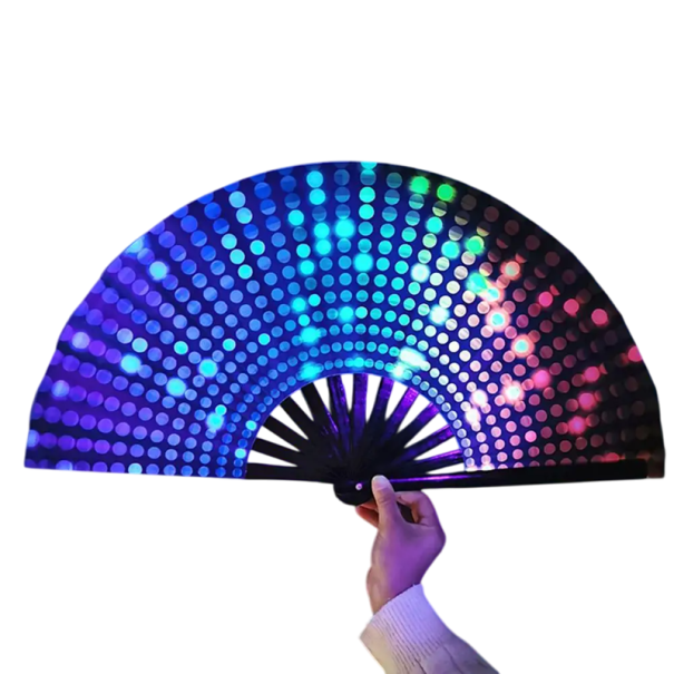 Ventaglio pieghevole fluorescente 33 cm Ventaglio in tessuto con struttura in bambù Accessorio per feste con motivo disco ball per festival 1