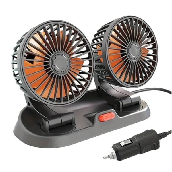 Ventilátor do auta se dvěma hlavami a napájením 24 V z autozapalovače s vypínacím tlačítkem šedý s oranžovými lopatkami do kabiny vozidla 1