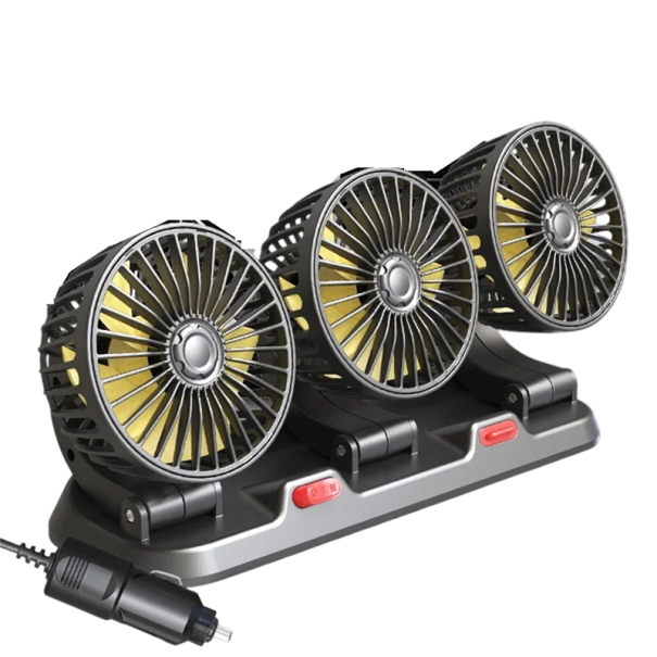 Ventilátor do auta se třemi hlavami v řadě na 12 V se zástrčkou do autozapalovače šedý se žlutými lopatkami na palubní desku i za sedadla 1