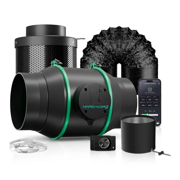 Ventilátor szett szénszűrővel és csővel, fordulatszám-szabályozás, 100 mm (4"), 205 CFM, EC motor, fekete, növénytermesztő sátorhoz 1