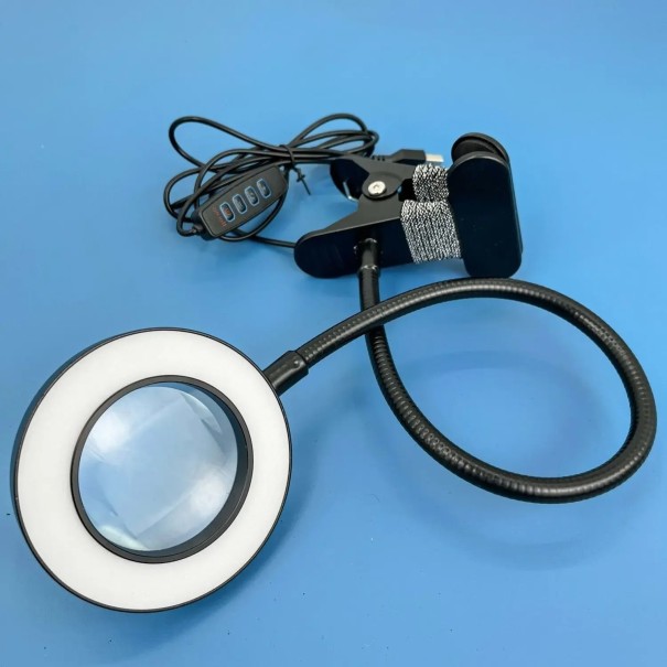 Vergrootglas met 10x vergroting en LED-verlichting Clip voor bevestiging 360° flexibele hals Instelbare kleur en helderheid Licht voor handmatig werk zwart