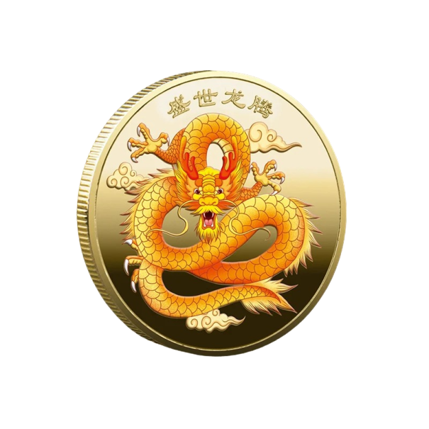 Vergulde Chinese munt met een draak 4 x 0,3 cm Verzamelmunt van metaal voor het jaar van de Draak Herdenkingsmunt met een Chinese draak goud