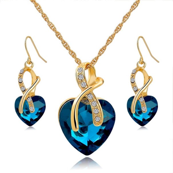 Vergulde ketting + oorbellen CRYSTAL HEART - Blauw 1