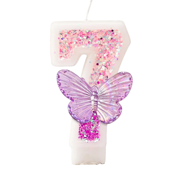 Verjaardags taartkaars nummer 7 7,5 cm Roze kaars met glitters en een vlinder Paraffine kaars voor de verjaardagstaart 1