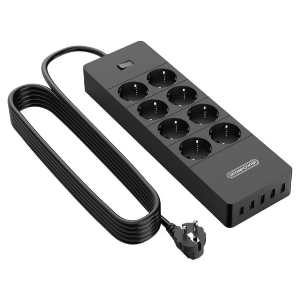 Verlengsnoer met schakelaar 8x stopcontact, 5x USB zwart 3 m