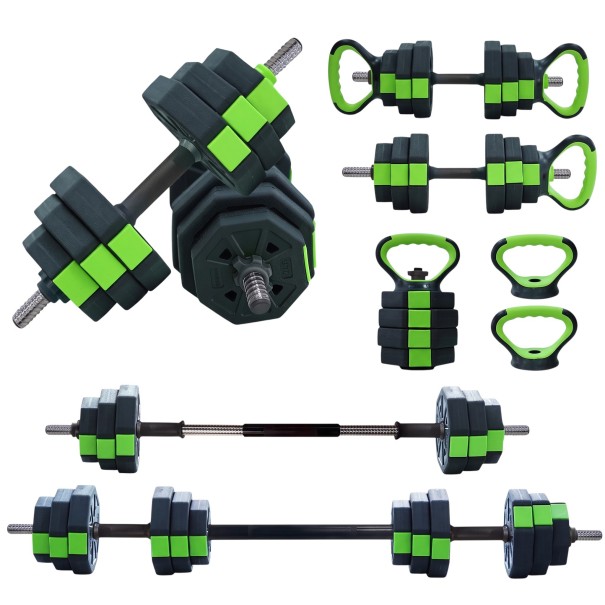 Verstellbare Hanteln 20 kg Set 4 in 1 Kurzhanteln Langhantel Kettlebell und Liegestützgriffe mit Gewichten schwarz-grün für das Training zu Hause 1