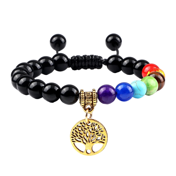 Verstellbares Sieben-Chakren-Armband mit Obsidianperlen golden