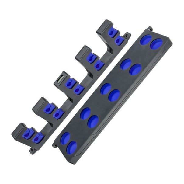 Vertikální nástěnný držák na rybářské pruty úložný stojan 42 x 9,5 x 2,1 cm až pro 10 prutů kompaktní konstrukce pro přehledné uložení výbavy modrá