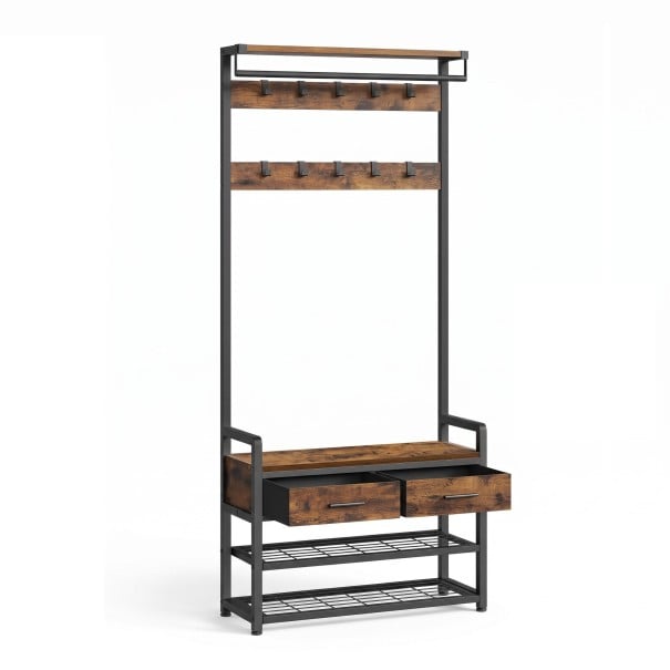 Věšák na kabáty s lavicí na boty 80,4 x 30 x 181,6 cm se 2 zásuvkami a 10 háčky i tyčí na ramínka v hnědé a černé barvě do předsíně 1