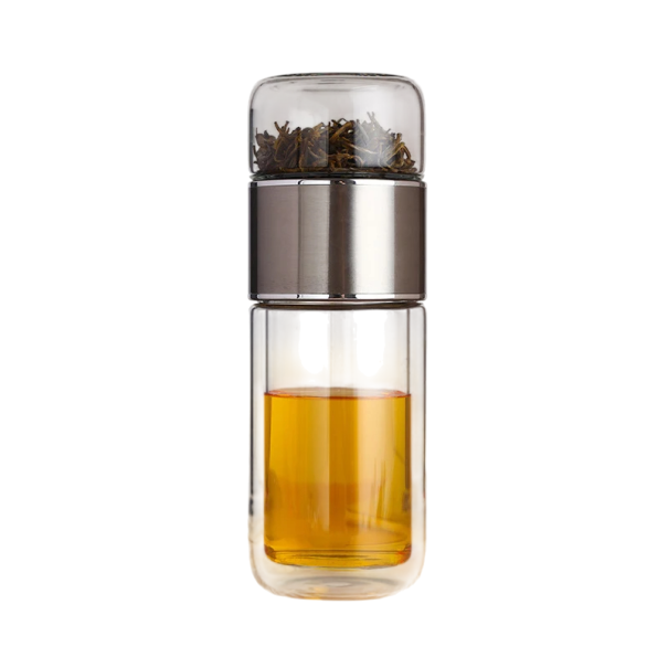 Vesipullo teesuodattimella 390 ml Lasinen haudukepullo yrtti- ja hedelmäteelle Kaksinkertainen lämpöeristys Vuotamaton kansi Elegantti muotoilu hopeinen
