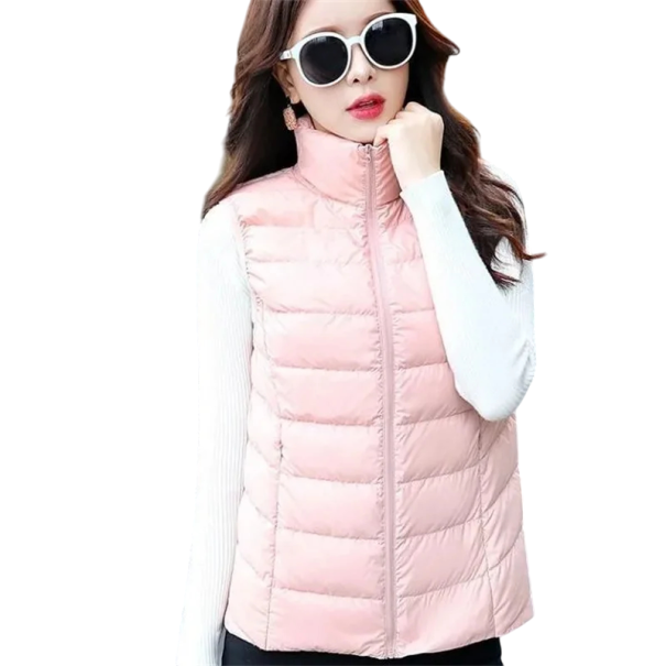Vesta de inverno feminina com gola alta e fecho de correr Vestido de cor única quente em poliéster leve Vesta de inverno estilosa em várias cores rosa claro XL