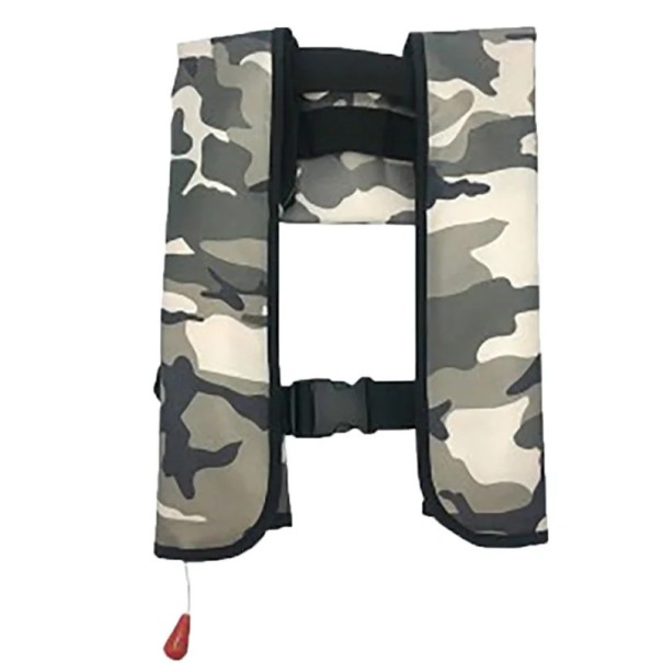 Vestă de salvare gonflabilă 150 N pentru adulți până la 150 kg Activare manuală cartuș CO₂ 33 g Design camuflat Pentru pescuit, sporturi nautice și navigație gri