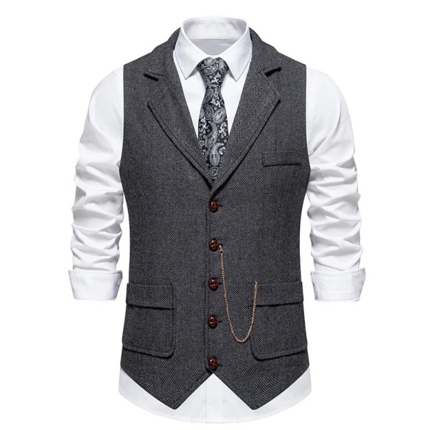Vestă elegantă pentru bărbați cu lanț și buzunare Vestă uni cu guler și nasturi Vestă formală de ocazie POLIESTER SPANDEX gri S