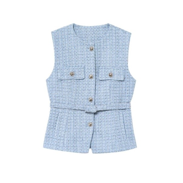 Vestă elegantă pentru femei, uni, cu curea și buzunare pe piept, decolteu rotund, închidere cu nasturi, vestă din poliester stilată, disponibile în diverse culori albastru deschis XS