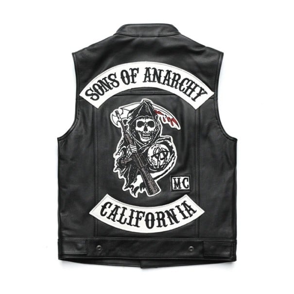 Vesta motorkărească pentru bărbați cu imprimeu cu moarte și inscripția Sons of Anarchy din PU piele neagră pentru mers cu motocicleta și stil motorkăresc M