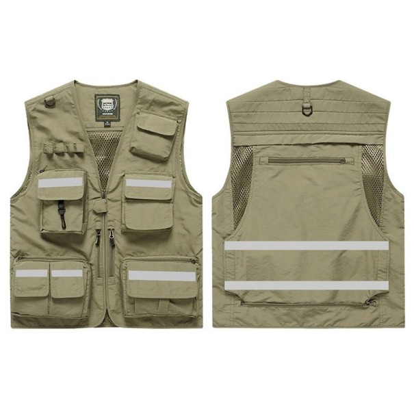 Vestă pentru bărbați cu benzi reflectorizante și buzunare cu fermoar din poliester pentru muncă, pescuit, drumeții și activități în aer liber kaki S