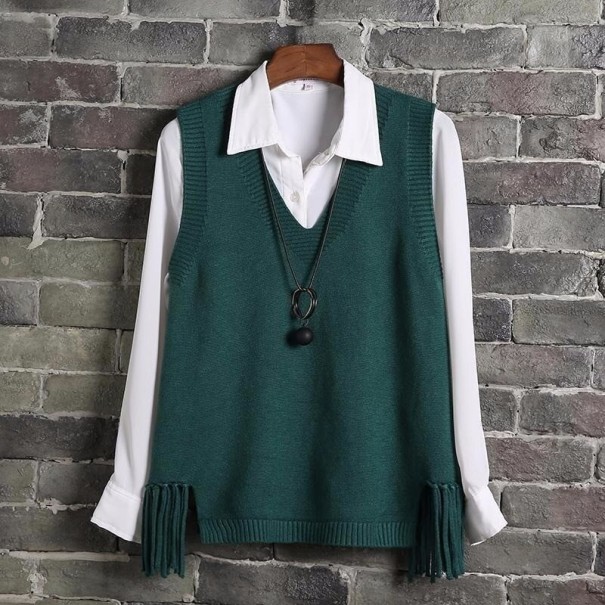 Vesta tricotată pentru femei cu franjuri verde inchis