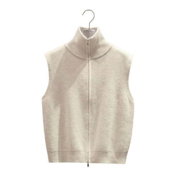 Vesta tricotată pentru femei cu guler înalt și fermoar dublu pe întreaga lungime, pulover fără mâneci din tricot ușor nervurat cu brațe beige S