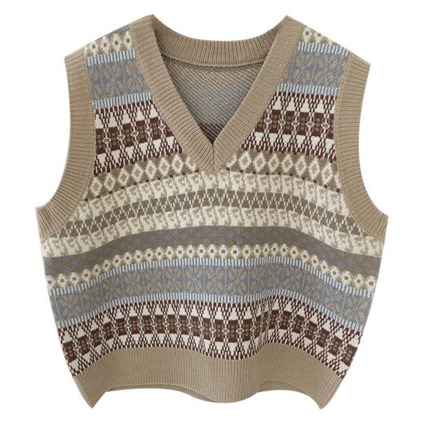 Vesta tricotată pentru femei, fără mâneci, cu decolteu în V Croi lejer Model geometric colorat în dungi Margini ribbate bej Bumbac și spandex 1