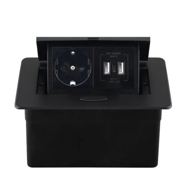 Vestavná výsuvná zásuvka 1× EU + 2× USB A + 1× USB C 153 × 117 mm hliníkový kryt 250 V s pomalým výsuvem do pracovní desky černá