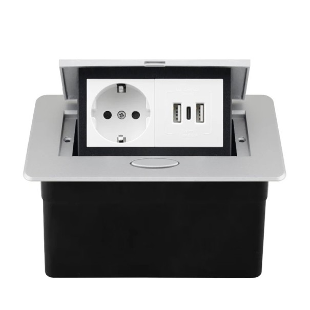 Vestavná výsuvná zásuvka 1× EU + 2× USB A + 1× USB C 153 × 117 mm hliníkový kryt 250 V s pomalým výsuvem do pracovní desky šedo-bílá