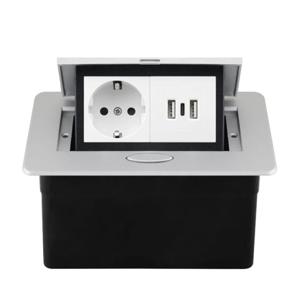 Vestavná výsuvná zásuvka 1× EU + 2× USB A + 1× USB C 153 × 117 mm hliníkový kryt 250 V s pomalým výsuvom do pracovnej dosky sivo-biela